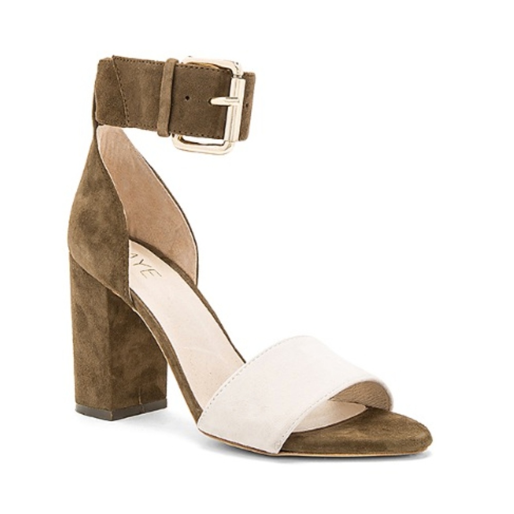 NEW RAYE Leia Heels – Two-Tone Suede Block Sandals, Size 7.5